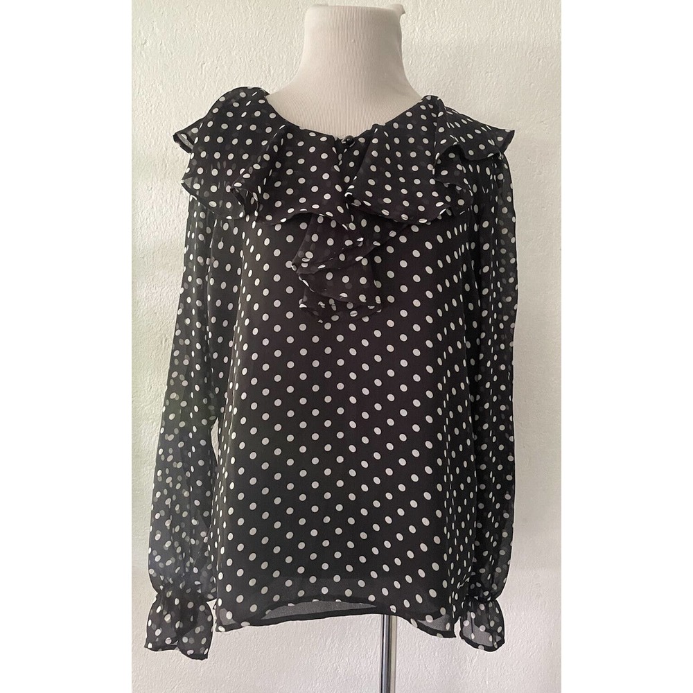 Vtg 90s Y2k Shear Polka Dot Top Black & White Ruffle Long Collar Sleeve Size Sm